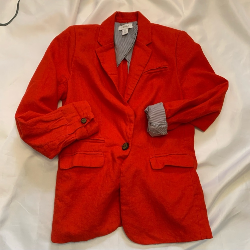 Kenar Vibrant Red Blazer Jacket Women’s Small Linen Blend Blue White Piping